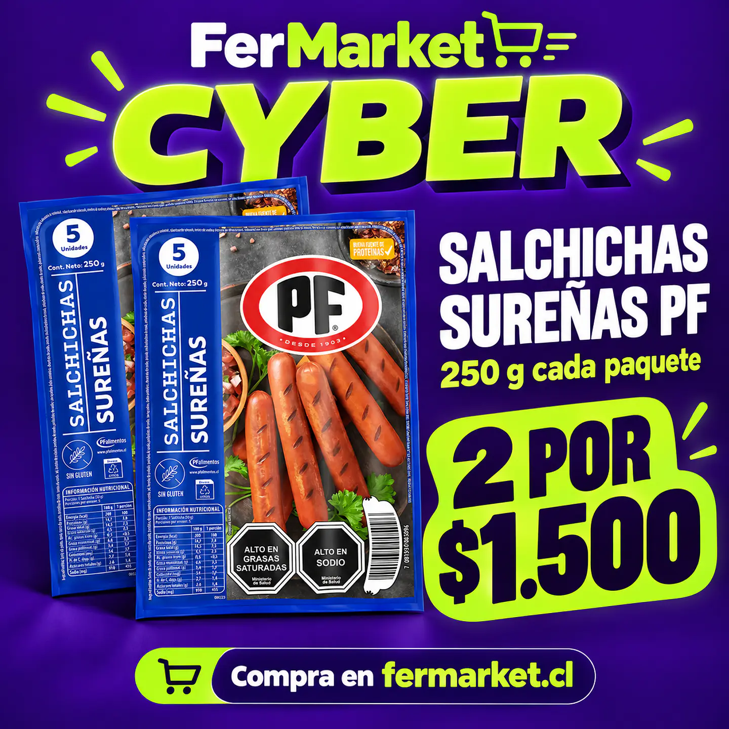 CYBER- 2 Paquetes Salchichas Sureñas 250G (5 UN) -PF 1
