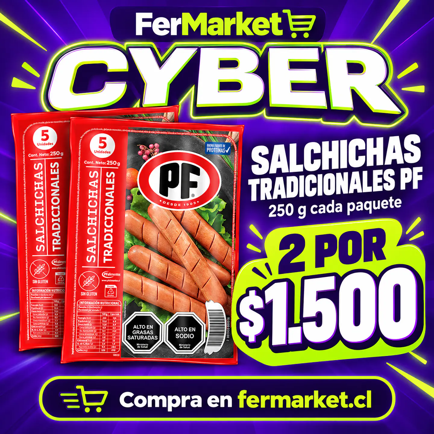 CYBER- 2 Paquetes Salchichas Tradicionales 250G (5 UN) -PF 1