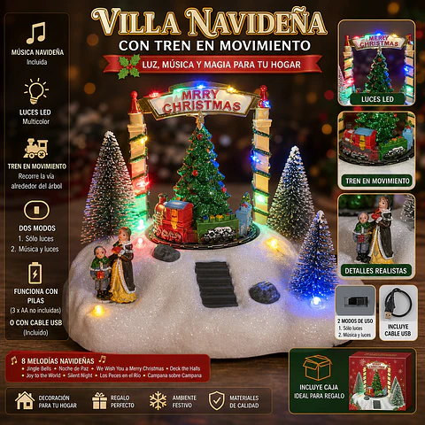 Villa Navideña Árbol y Tren en Movimiento