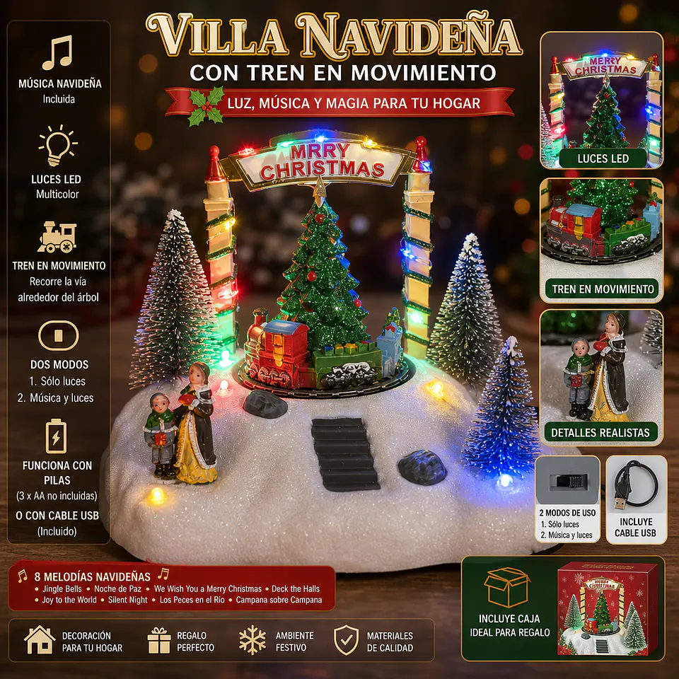 Villa Navideña Árbol y Tren en Movimiento 1