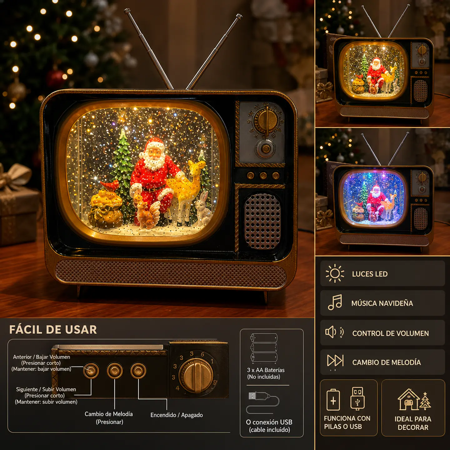 Decoración TV Navideña con Efecto Nieve, Música y Luces Led 1