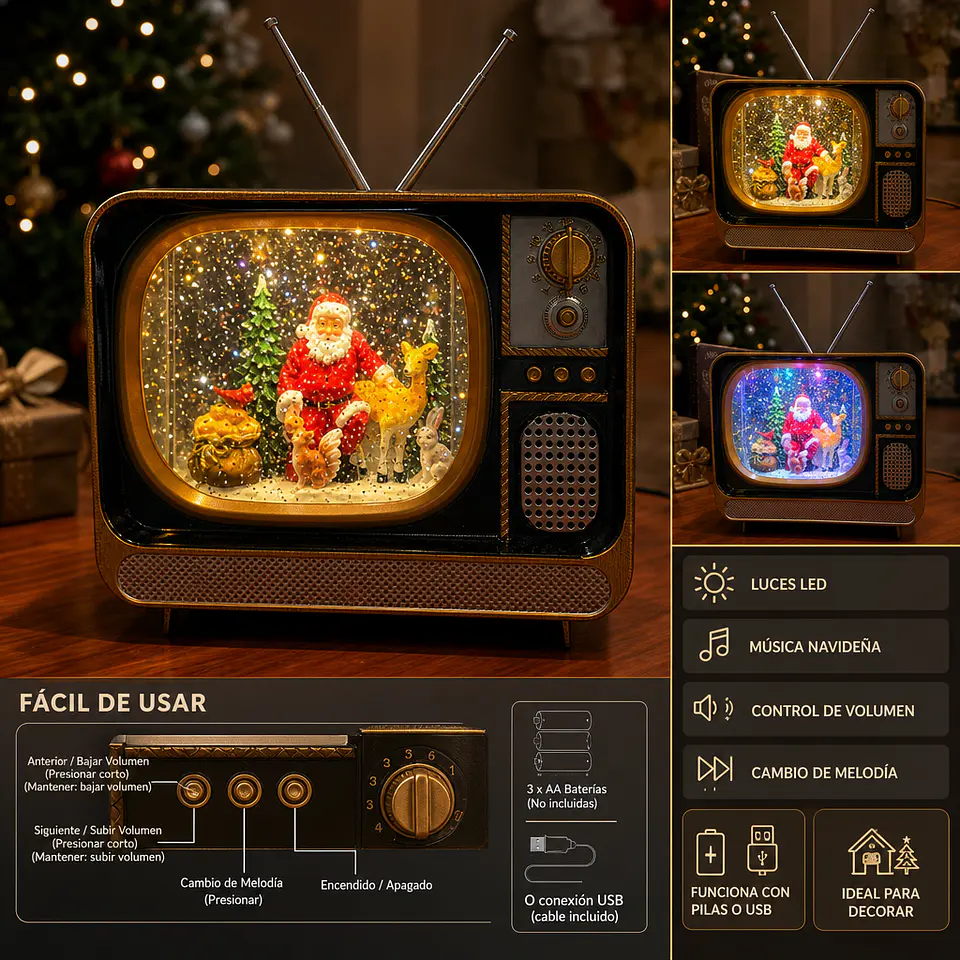 Decoración TV Navideña con Efecto Nieve, Música y Luces Led 1