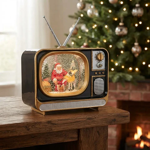 Decoración TV Navideña con Efecto Nieve, Música y Luces Led