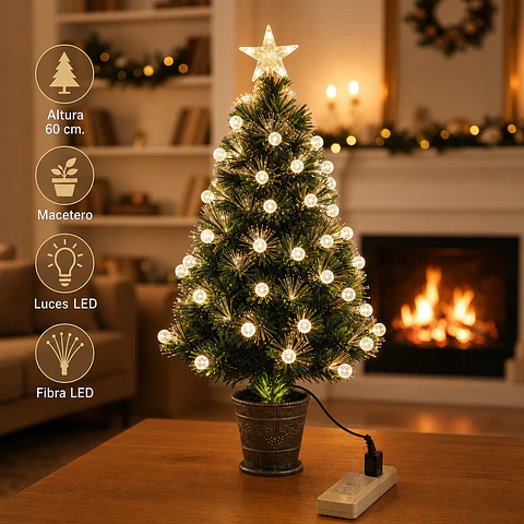 Árbol de Navidad Con Macetero, Luces y Fibra Led 90 cm