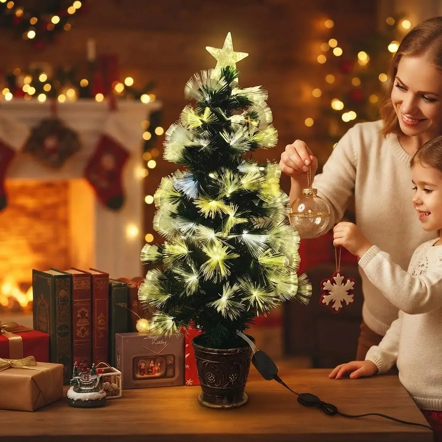 Árbol de Navidad Con Macetero y Luces de Fibra Led 90 cm 2