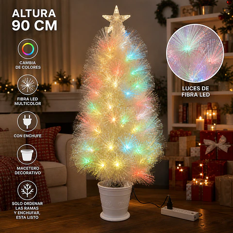 Árbol de Navidad Con Macetero y Luces de Fibra Led Blanco 90 cm