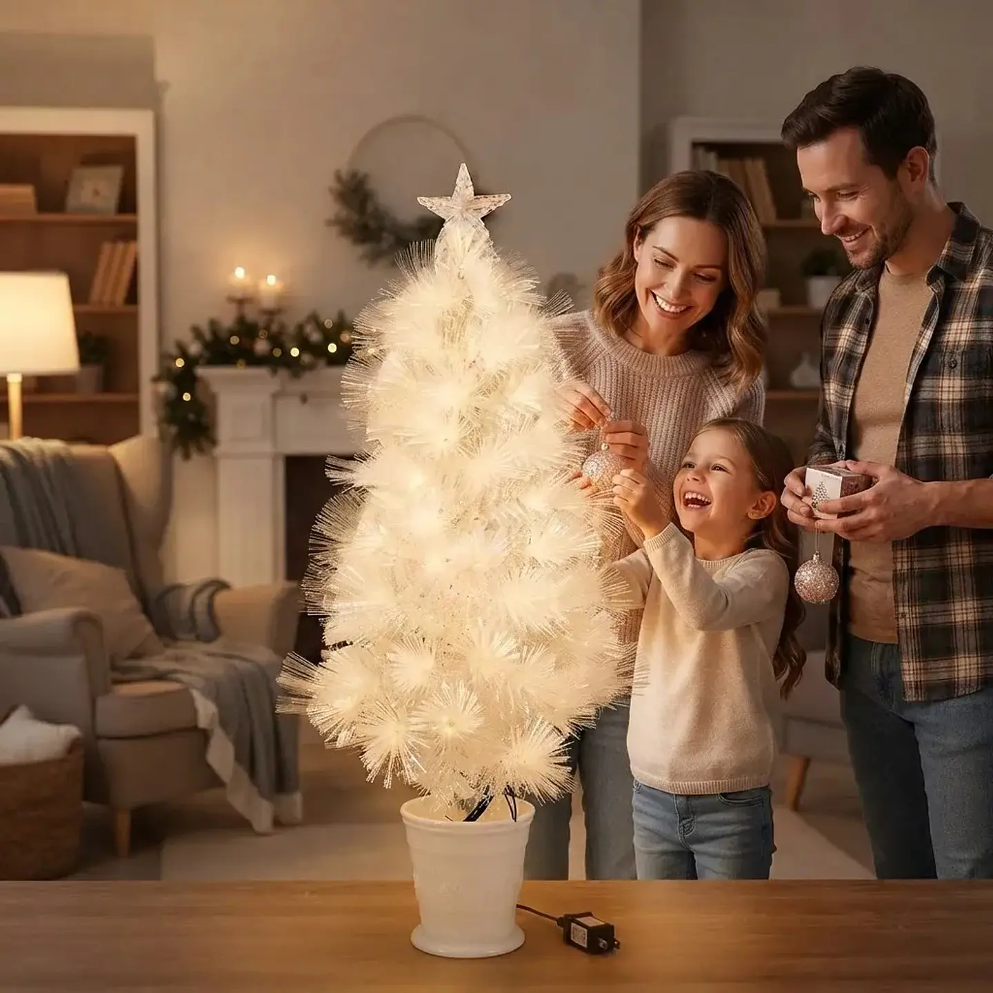Árbol de Navidad Con Macetero y Luces de Fibra Led Blanco 90 cm 4