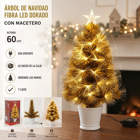 Árbol de Navidad Fibra Led y Macetero Dorado 60 CM