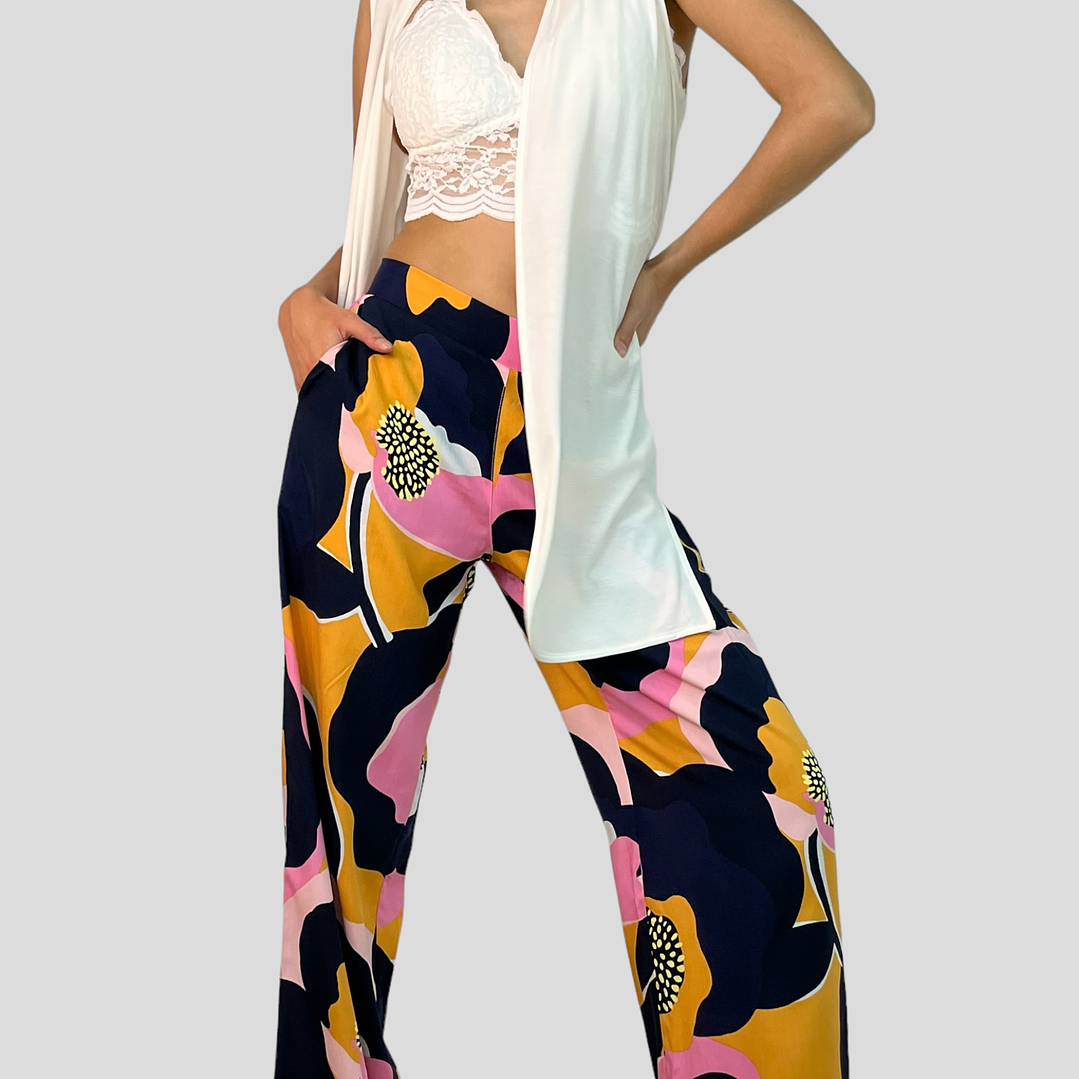 PA4070 PANTALÓN ESTAMPADO TRASERO ELASTICADO AZUL/FUCSIA/MOSTAZA 3