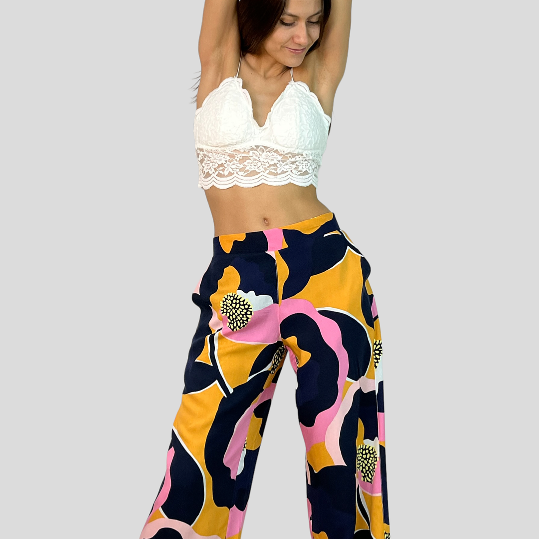 PA4070 PANTALÓN ESTAMPADO TRASERO ELASTICADO AZUL/FUCSIA/MOSTAZA 1