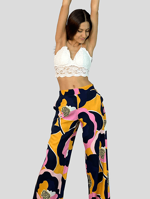 PA4070 PANTALÓN ESTAMPADO TRASERO ELASTICADO AZUL/FUCSIA/MOSTAZA