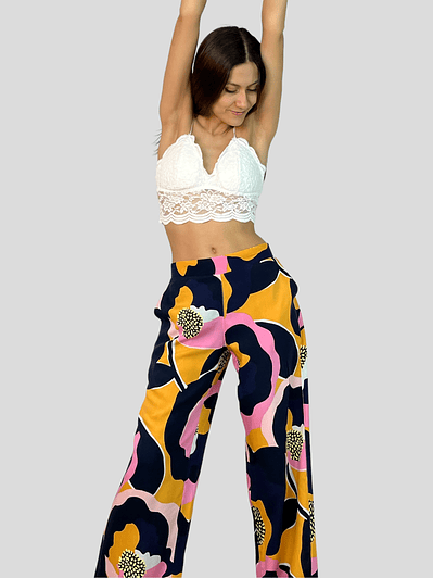 PA4070 Pantalón pretina mixta  Viscosa estampada  azul/fucsia/