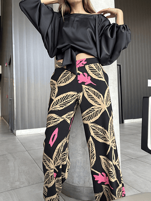 PA4070 PANTALÓN PRETINA MIXTA ESTAMPADO  NEGRO CAMEL