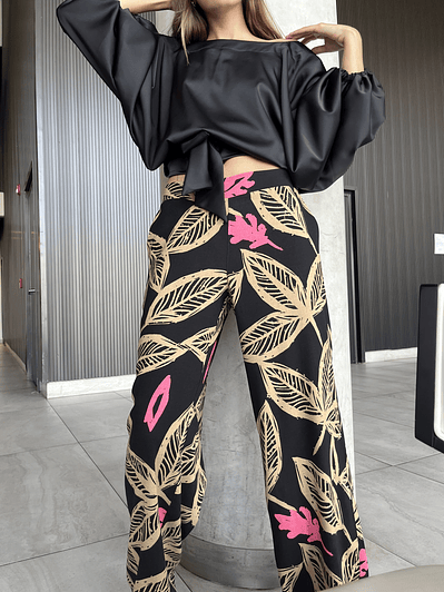 PA4070 PANTALÓN PRETINA MIXTA ESTAMPADO  NEGRO CAMEL