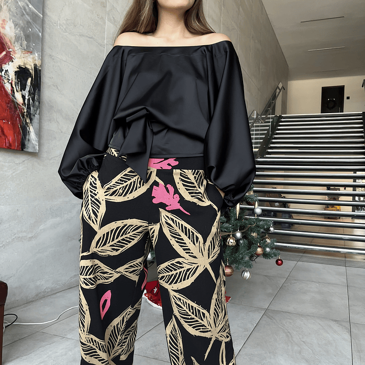 PA4070 PANTALÓN PRETINA MIXTA ESTAMPADO  NEGRO CAMEL 2