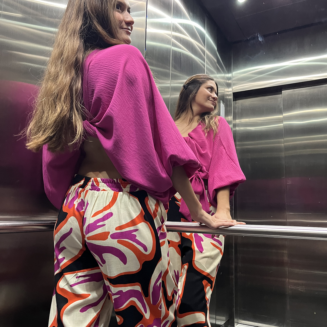 PA4070 PANTALÓN PRETINA MIXTA ESTAMPADO  NEGRO FUCSIA  3