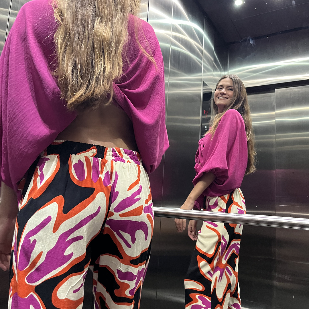 PA4070 PANTALÓN PRETINA MIXTA ESTAMPADO  NEGRO FUCSIA  2