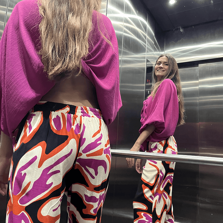 PA4070 PANTALÓN PRETINA MIXTA ESTAMPADO  NEGRO FUCSIA  2