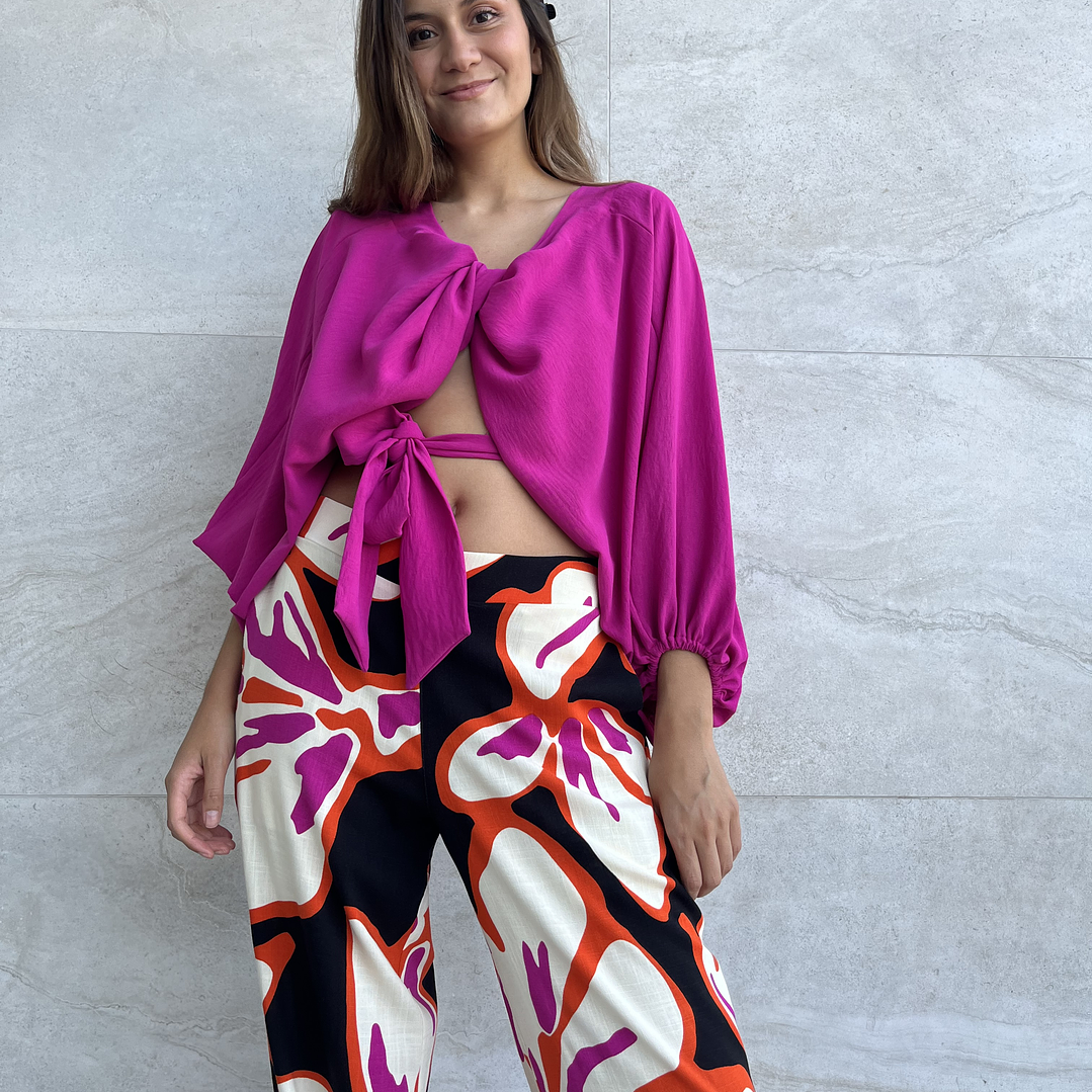 PA4070 PANTALÓN PRETINA MIXTA ESTAMPADO  NEGRO FUCSIA  1