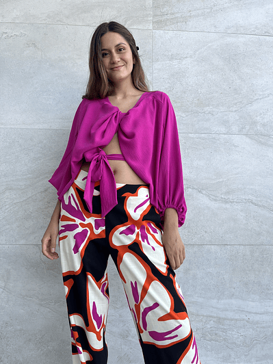 PA4070 PANTALÓN PRETINA MIXTA ESTAMPADO  NEGRO FUCSIA 