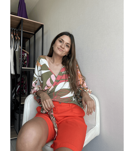  KM1605 BLUSA KIMONO ESTAMPADA VERDE-ROSA-NARANJO