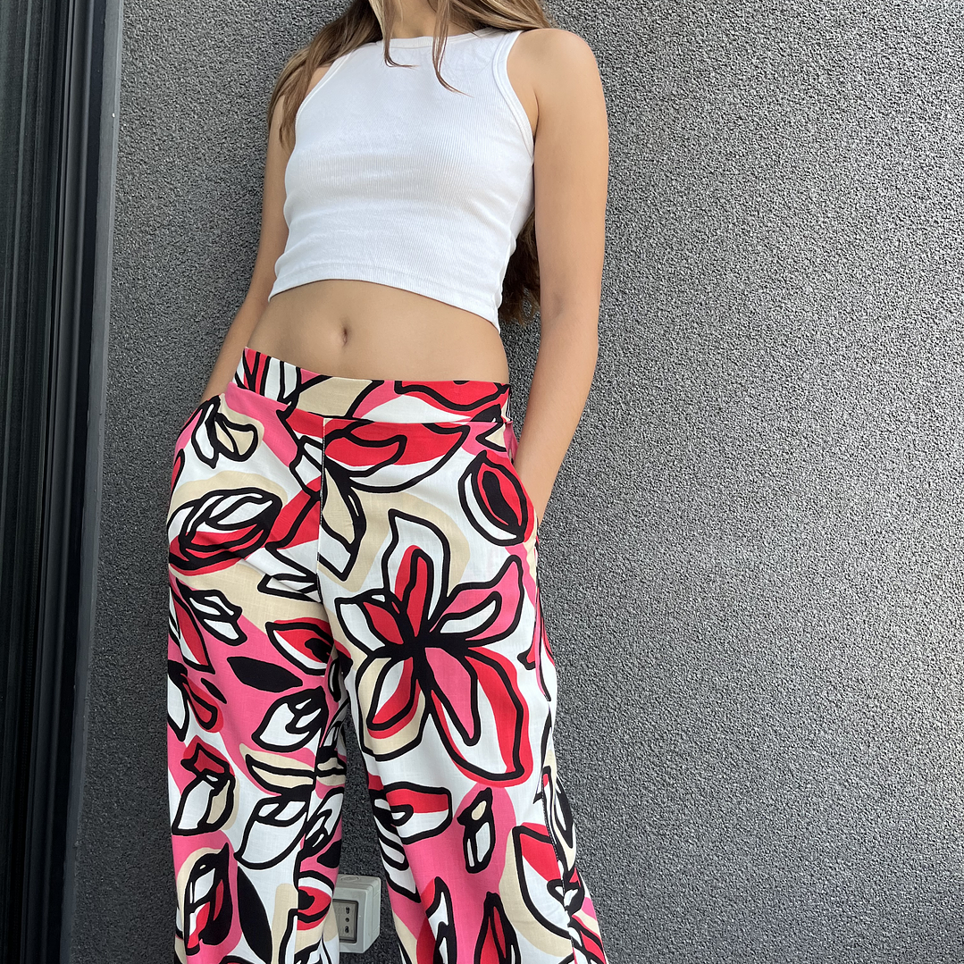 PA4070 PANTALÓN PRETINA MIXTA ESTAMPADO  BLANCO FUCSIA  3