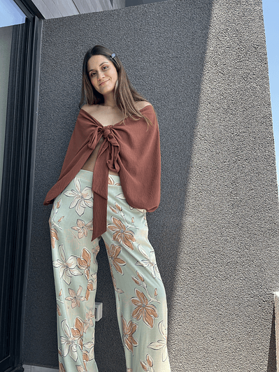 PA4070 PANTALÓN PRETINA MIXTA ESTAMPADO  VERDE MENTA CAMEL