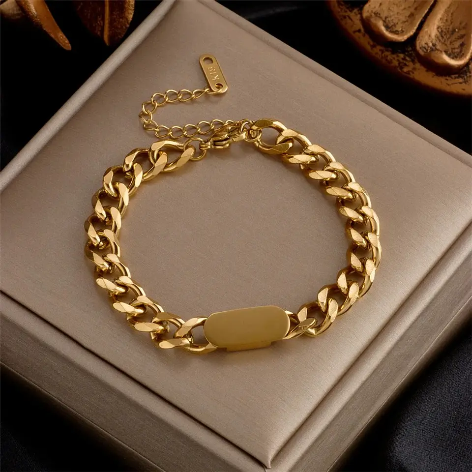 Pulsera Ancha 10mm Con Platina Bañada En Oro 18k 4