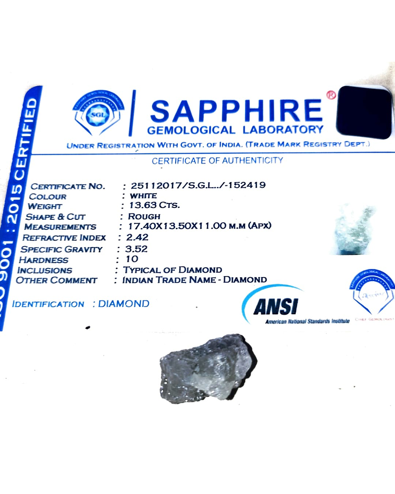 DIAMANTE EN BRUTO NATURAL ORIGEN AFRICA  COLOR BLANCO  16 CT  CERTIFICADO