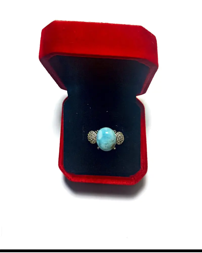 ANILLO DE PLATA 925  CON PIEDRA NATURAL LARIMAR   NUMERO 16  