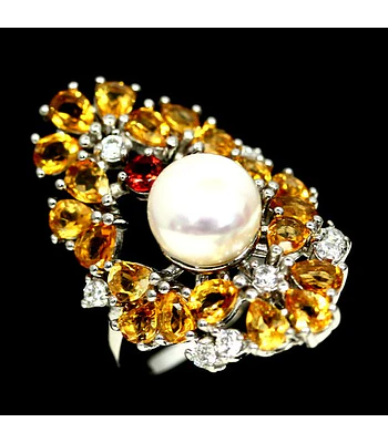 HERMOSO ANILLO DE PLATA CON PIEDRAS NATURALES DE CITRINO Y PERLA NATURAL  CULTIVADA  NUMERO 15  