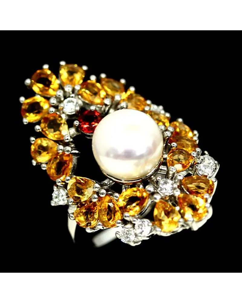 HERMOSO ANILLO DE PLATA CON PIEDRAS NATURALES DE CITRINO Y PERLA NATURAL  CULTIVADA  NUMERO 15  