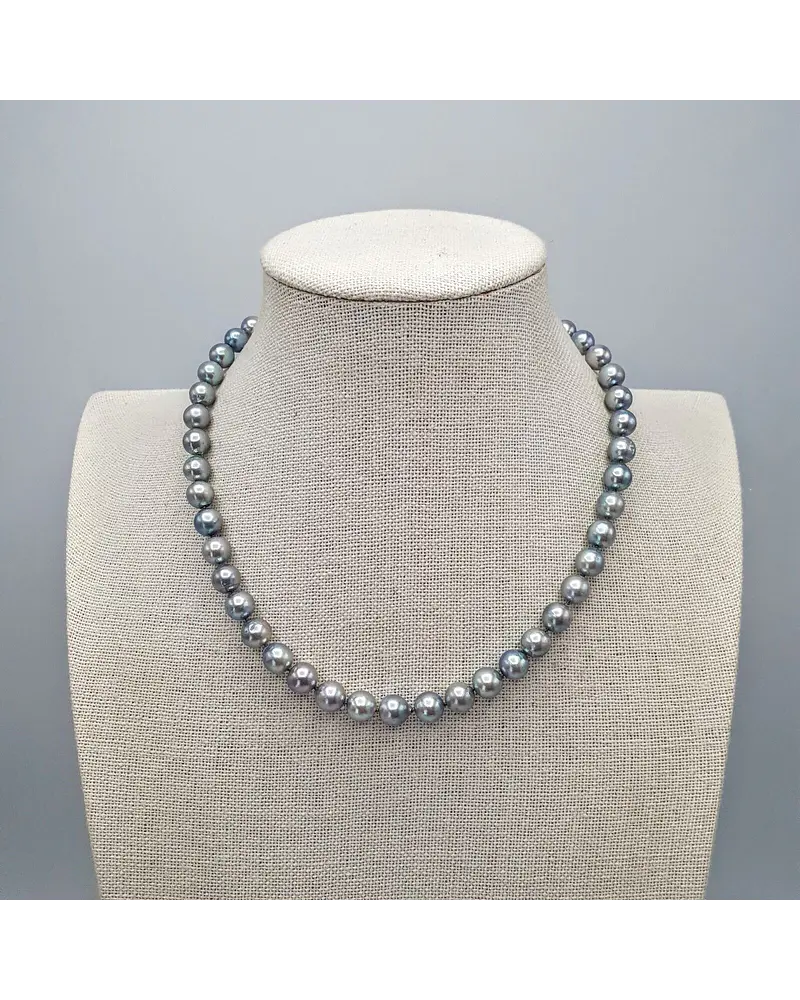 COLLAR  DE PERLAS CULTIVADAS GRIS  PLATEADA  AKOYA  JAPONESA  8 MM  BROCHE DE PLATA FINA