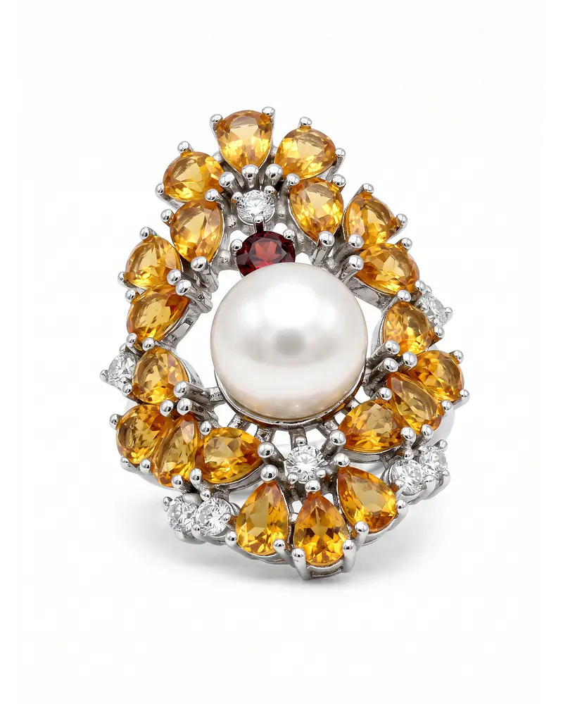 HERMOSO ANILLO DE PLATA CON PIEDRAS NATURALES DE CITRINO Y PERLA NATURAL  CULTIVADA  NUMERO 15  