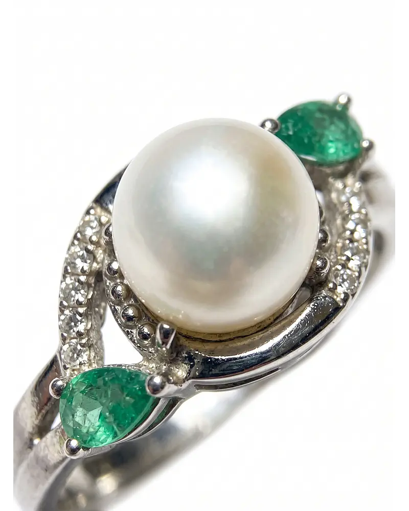 ANILLO DE PLATA RODINADA CON UNA PERLA NATURAL RODEADO DE CIRCONES Y DOS ESMERALDAS 