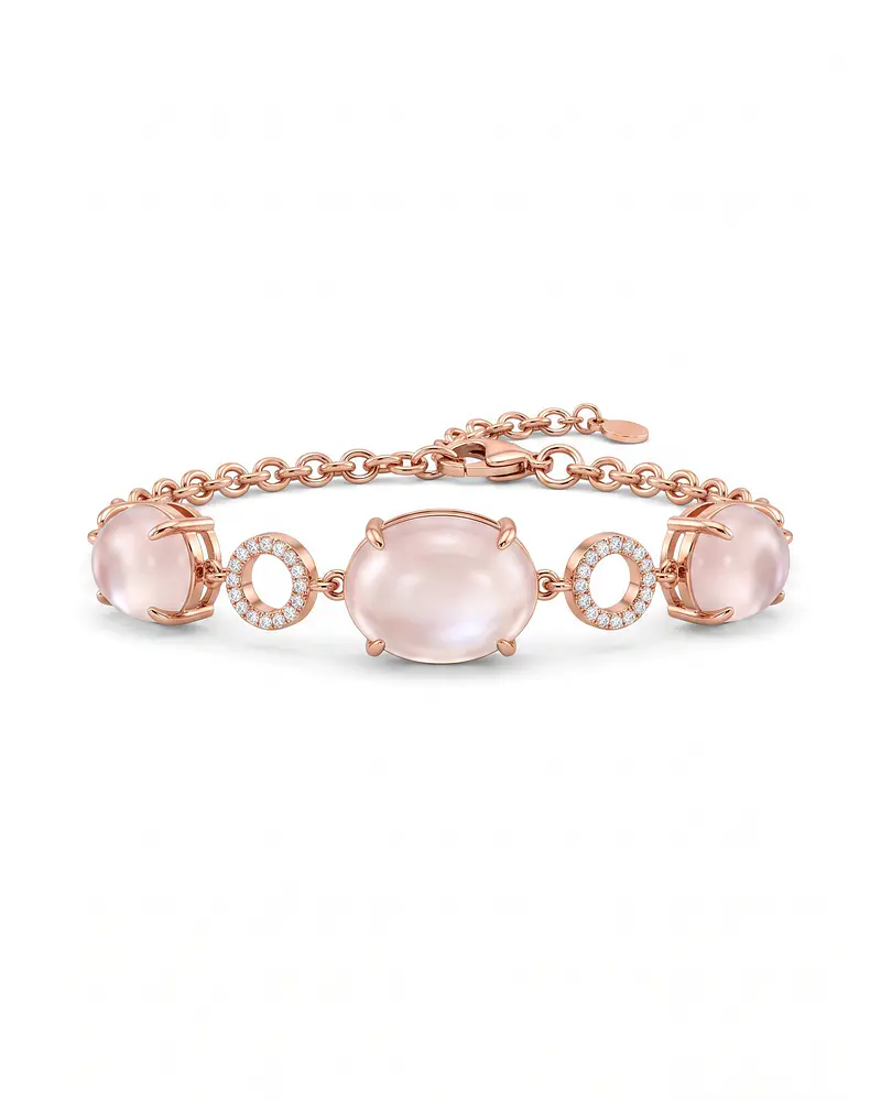 FINA Y HERMOSA PULSERA DE PLATA CON BAÑO DE ORO Y CUARZOS ROSAS 100% NATURAL