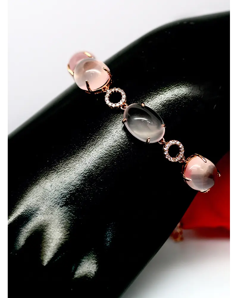FINA Y HERMOSA PULSERA DE PLATA CON BAÑO DE ORO Y CUARZOS ROSAS 100% NATURAL