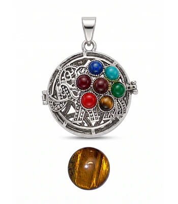 DIJE METALICO LLAMA ANGEL CON PIEDRA NATURAL OJO DE TIGRE 