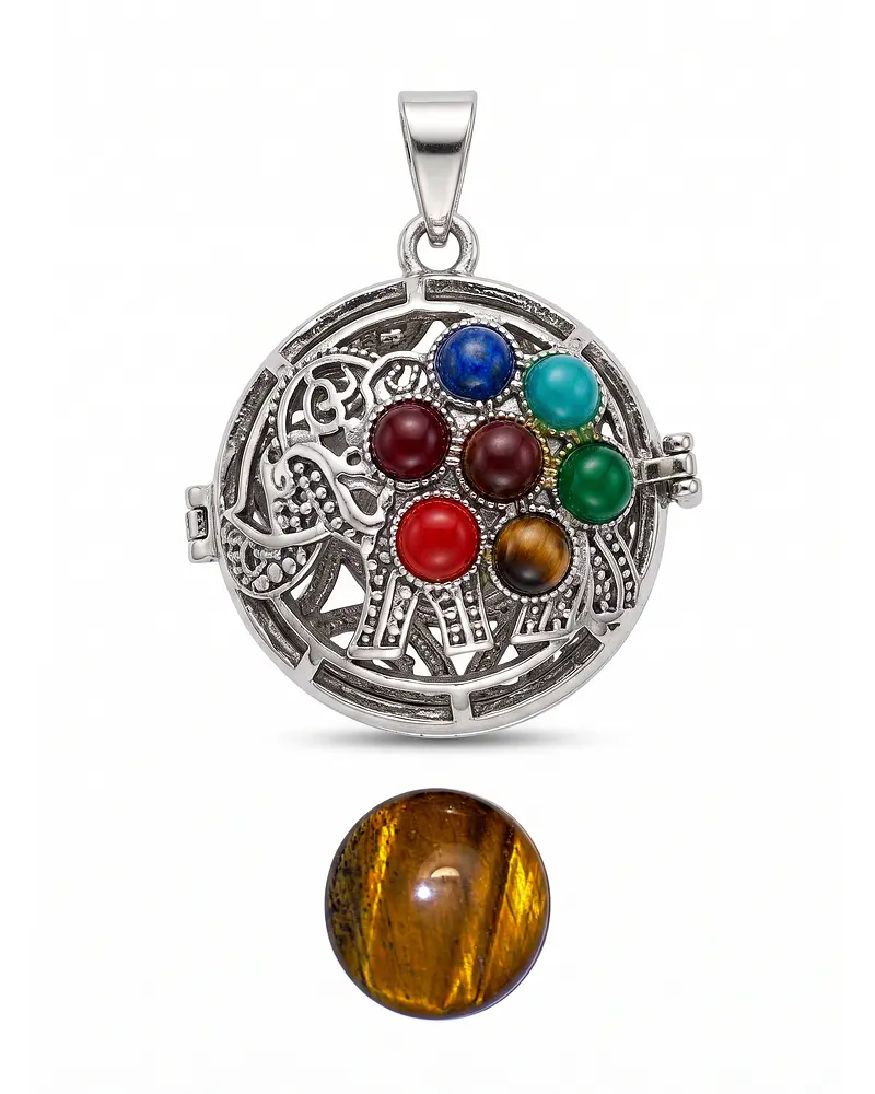 DIJE METALICO LLAMA ANGEL CON PIEDRA NATURAL OJO DE TIGRE 