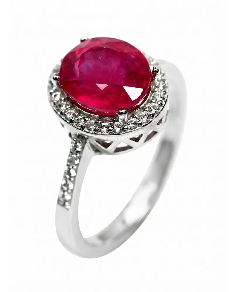 ANILLO DE PLATA RODINADA CON UN RYBY NATURAL RODEADO DE CIRCONES BLANCOS 