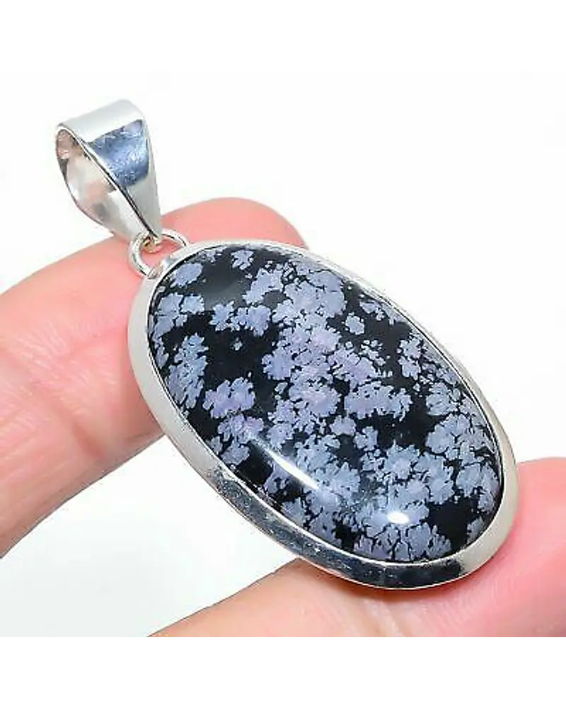 COLGANTE DE PLATA SOLIDA 925 CON PIEDRA NATURAL OBSIDIANA COPITO DE NIEVE 