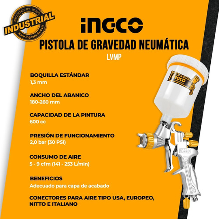 Pistola Para Pintar De Gravedad Lvmp Ingco 600 Ml Industrial 2