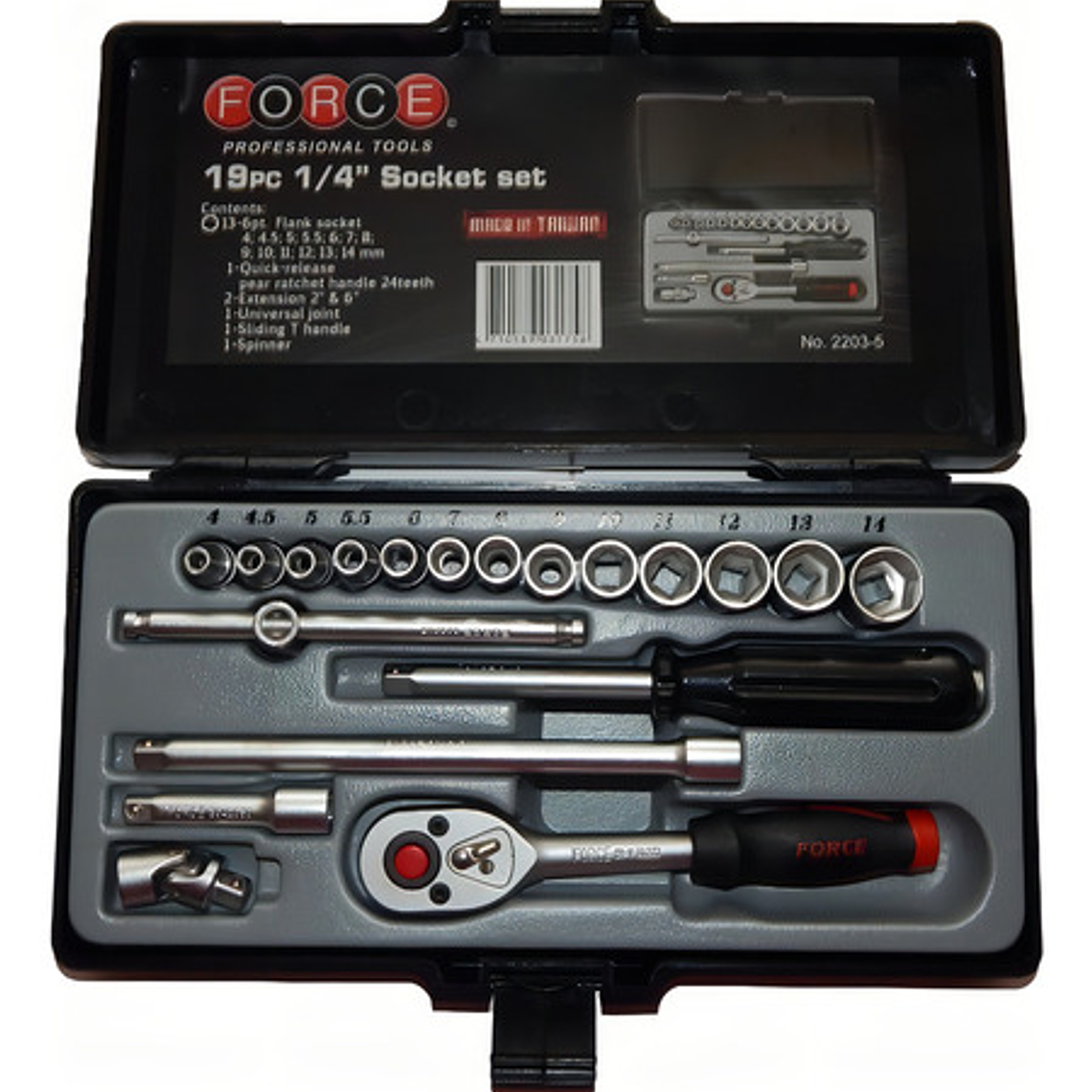 Juego De Dados 1/4 4 14 Mm De 19 Pzas. Force 2203-5 Gris 4