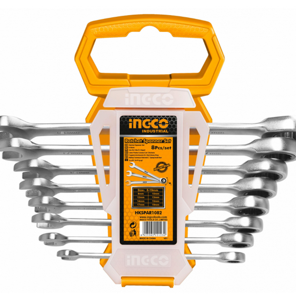 LLAVE PUNTA Y CORONA C/ CHICHARRA INDUSTRIAL 8 PIEZAS 8-19 MM INGCO 1