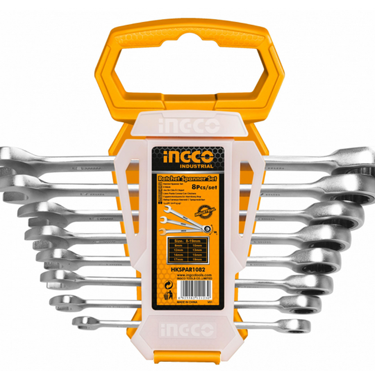 LLAVE PUNTA Y CORONA C/ CHICHARRA INDUSTRIAL 8 PIEZAS 8-19 MM INGCO 1