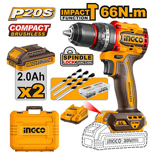 TALADRO ATORN. DE IMPACTO BL 13MM 47 ACCE 20V - C/2 BAT.2.0AH Y 1 CARGADOR INGCO