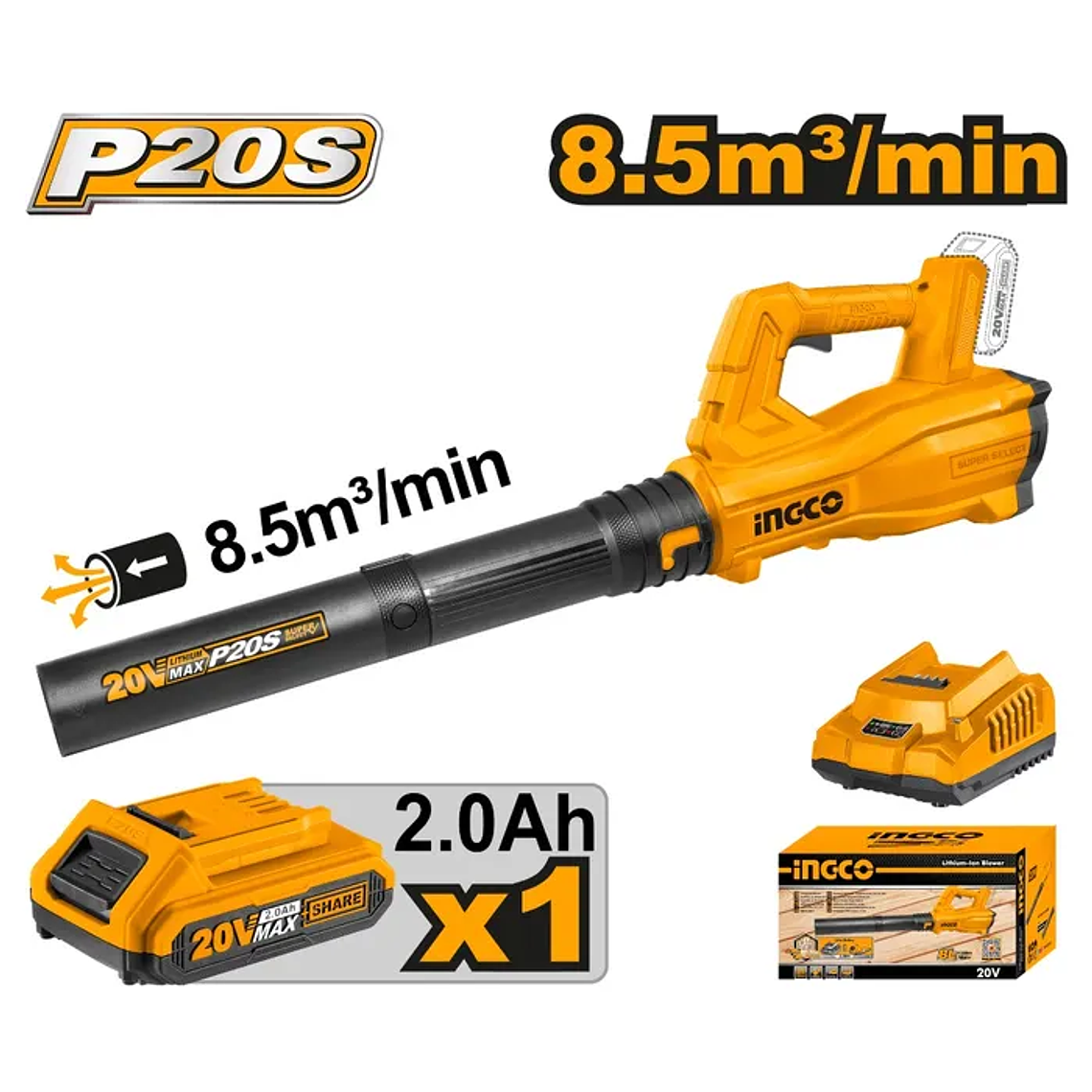Soplador Ingco + 1 Bateria 2,0ah Y Cargador Normal 20v 8,5m³/min 1