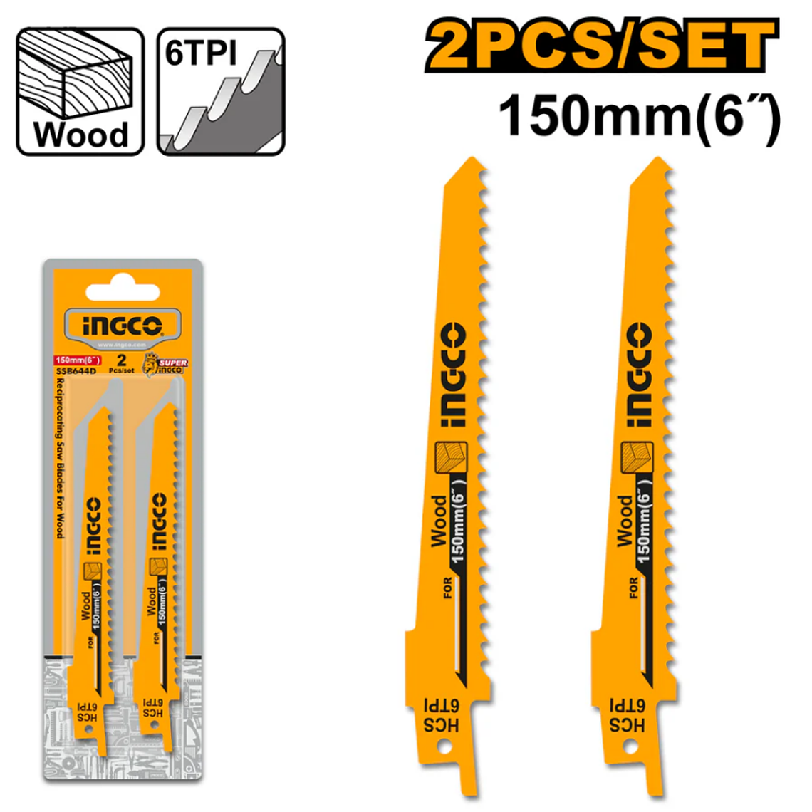 SIERRAS PARA SIERRA SABLE MADERA REPUESTO 150MM PACK X2 (SSB644D) INGCO 1