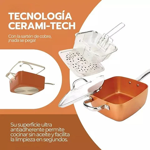 Olla De Cobre Multiuso Antiadherente Cesta Freír Cerámica con accesorios