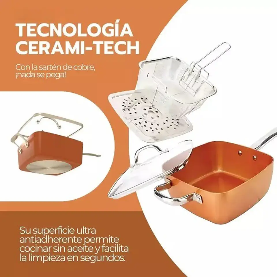 Olla De Cobre Multiuso Antiadherente Cesta Freír Cerámica con accesorios 2